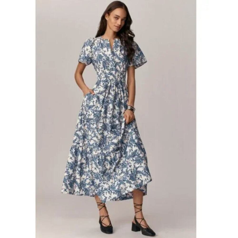 NWT Anthropologie Somerset Maxi Ivory Blue Fern Floral Dress L Petite